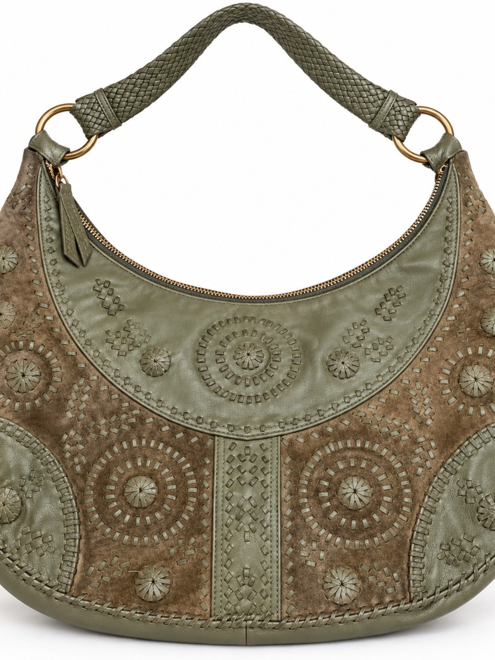 Olive Green Embossed Leather & Suede Hobo Bag